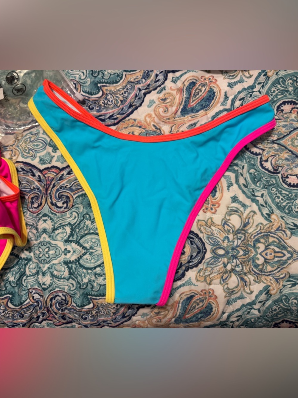 Neon Colorblock Bikini Set Hot Pink Blue High Cut Swimsuit Swimwear SMALL - Picture 5 of 8